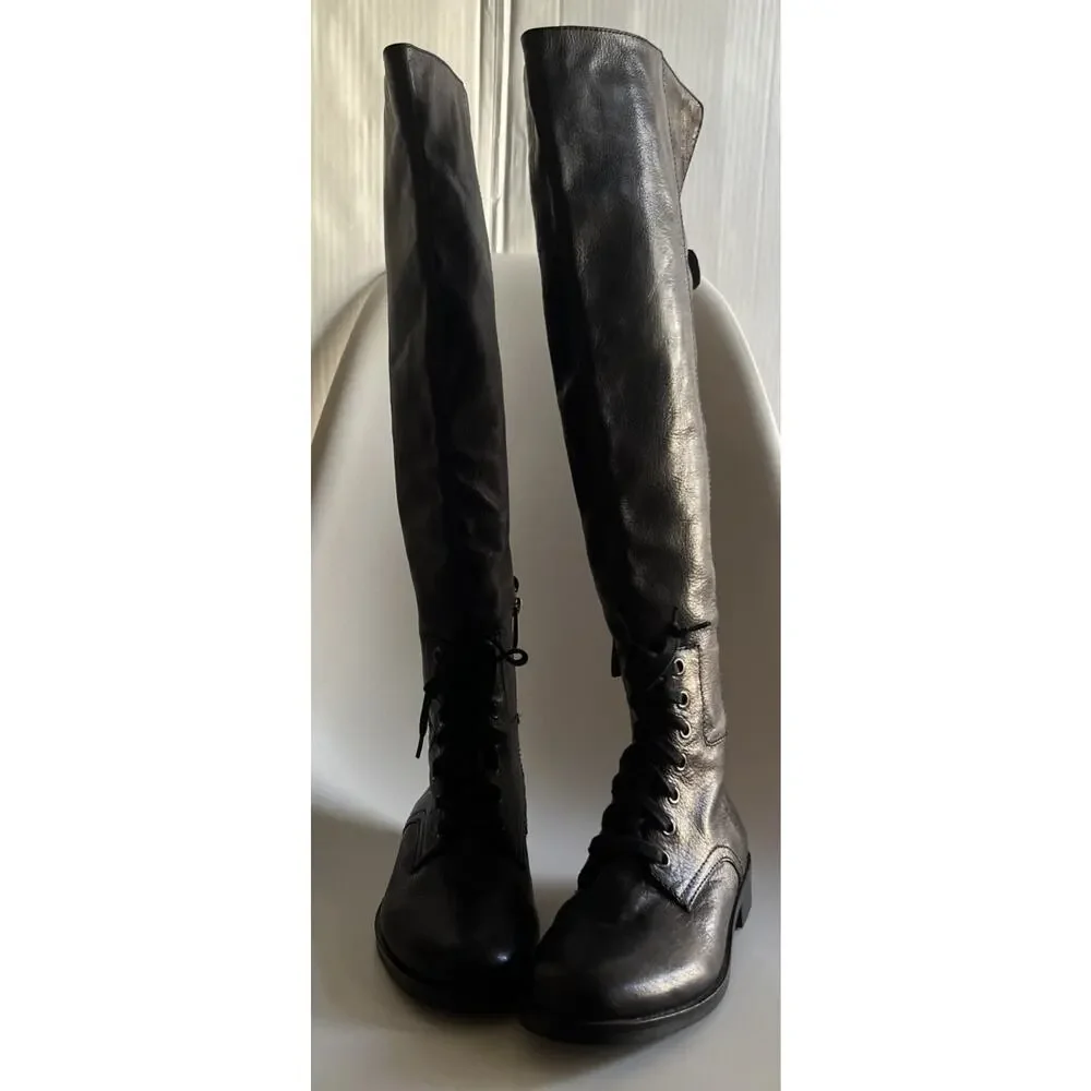 Pour La Victoire Cairo Boots Womens 6 Black Leather OTK Riding Lace Up NWOB